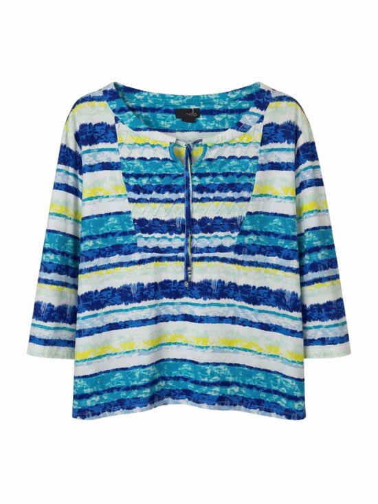 Erika Tops - Erika Women's XL Striped 3/4 Sleeve Cotton Blouse Blue Multicolor